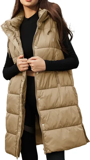 PUWEI Long Puffer Vest Women Quilted Hooded Vest Padded Sleeveless Coat Jackets With Pockets