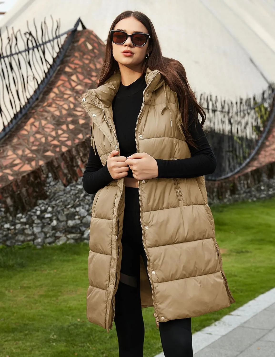 PUWEI Long Puffer Vest Women Quilted Hooded Vest Padded Sleeveless Coat Jackets With Pockets