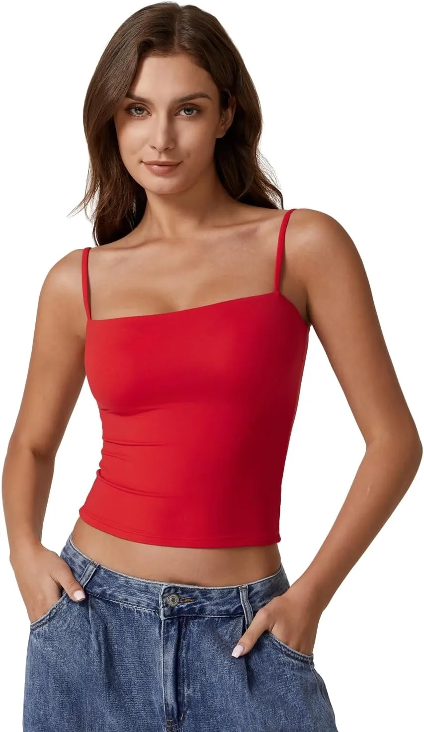 QINSEN Women's Double Lined Basic Tank Top Adjustable Spaghetti Straps Sleeveless Camisole Shirts