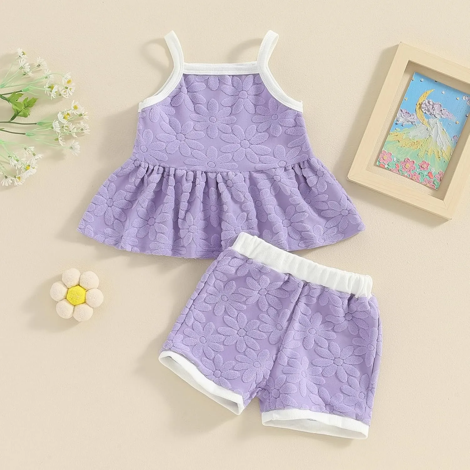 Qiylii Toddler Girls Summer Short Sets Sleeveless Strap Ruffle Mini Dress Tops and Shorts 2PC Floral Summer Clothes