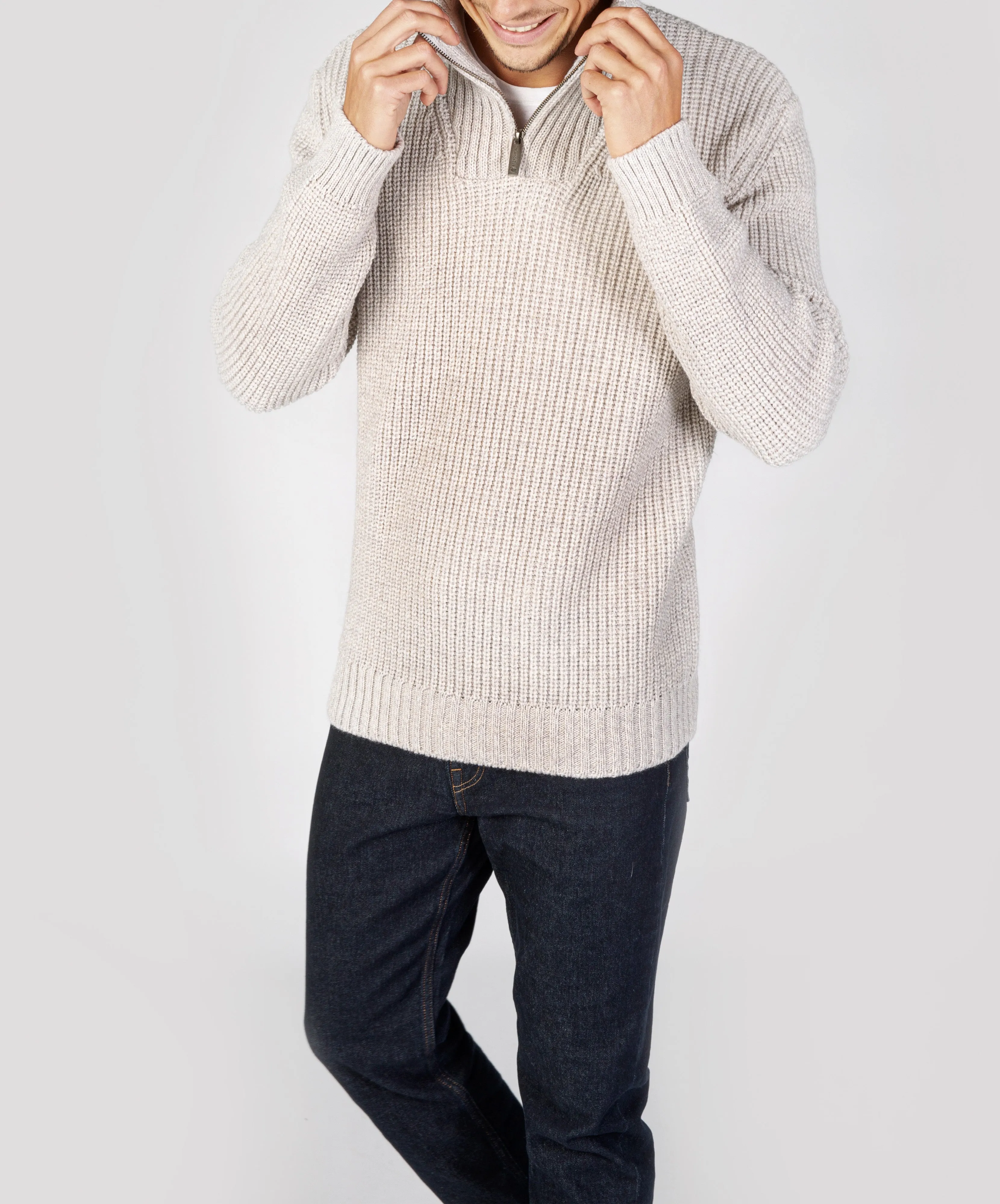 Reefer Ribbed Zip Neck Sweater Silver Marl