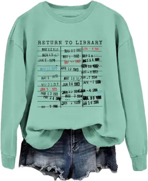 Return to Library Shirt Women Vintage Book Lover Sweatshirt Graphic Crewneck Reader Librarian Teacher Pullover Tops