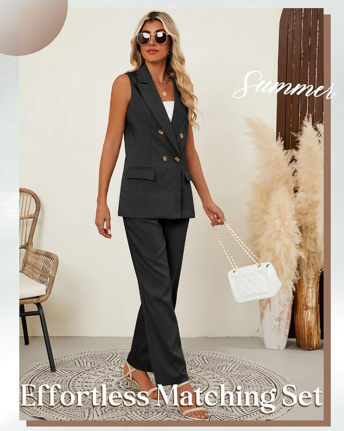 Riyiper Women Suits 2 Piece Sets Button Lapel V Neck Sleeveless Blazer Vest and Wide Leg Pants Suit Matching Outfits