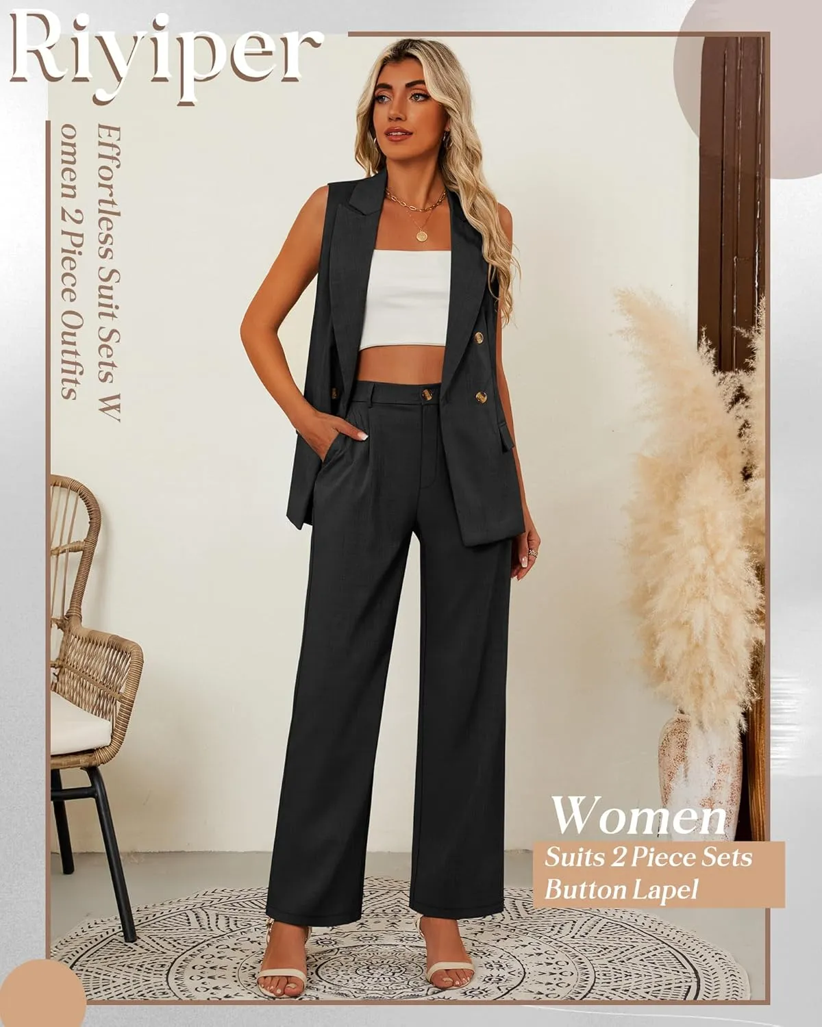 Riyiper Women Suits 2 Piece Sets Button Lapel V Neck Sleeveless Blazer Vest and Wide Leg Pants Suit Matching Outfits