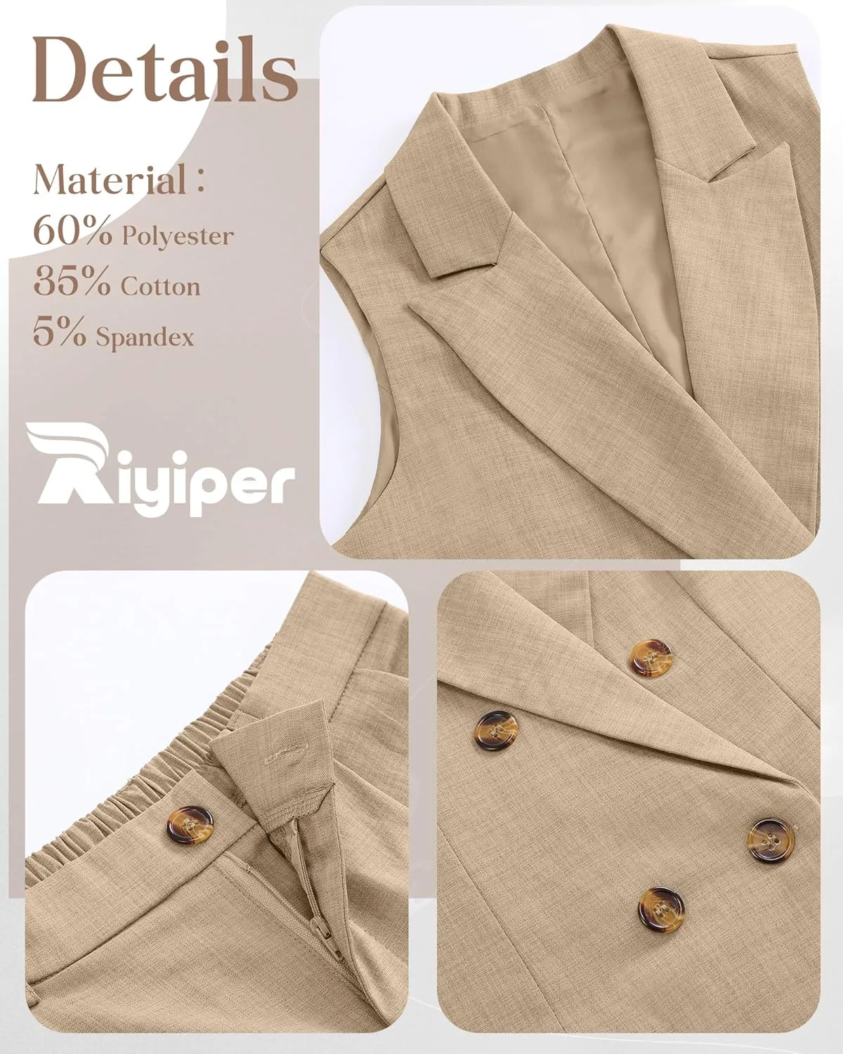 Riyiper Women Suits 2 Piece Sets Button Lapel V Neck Sleeveless Blazer Vest and Wide Leg Pants Suit Matching Outfits
