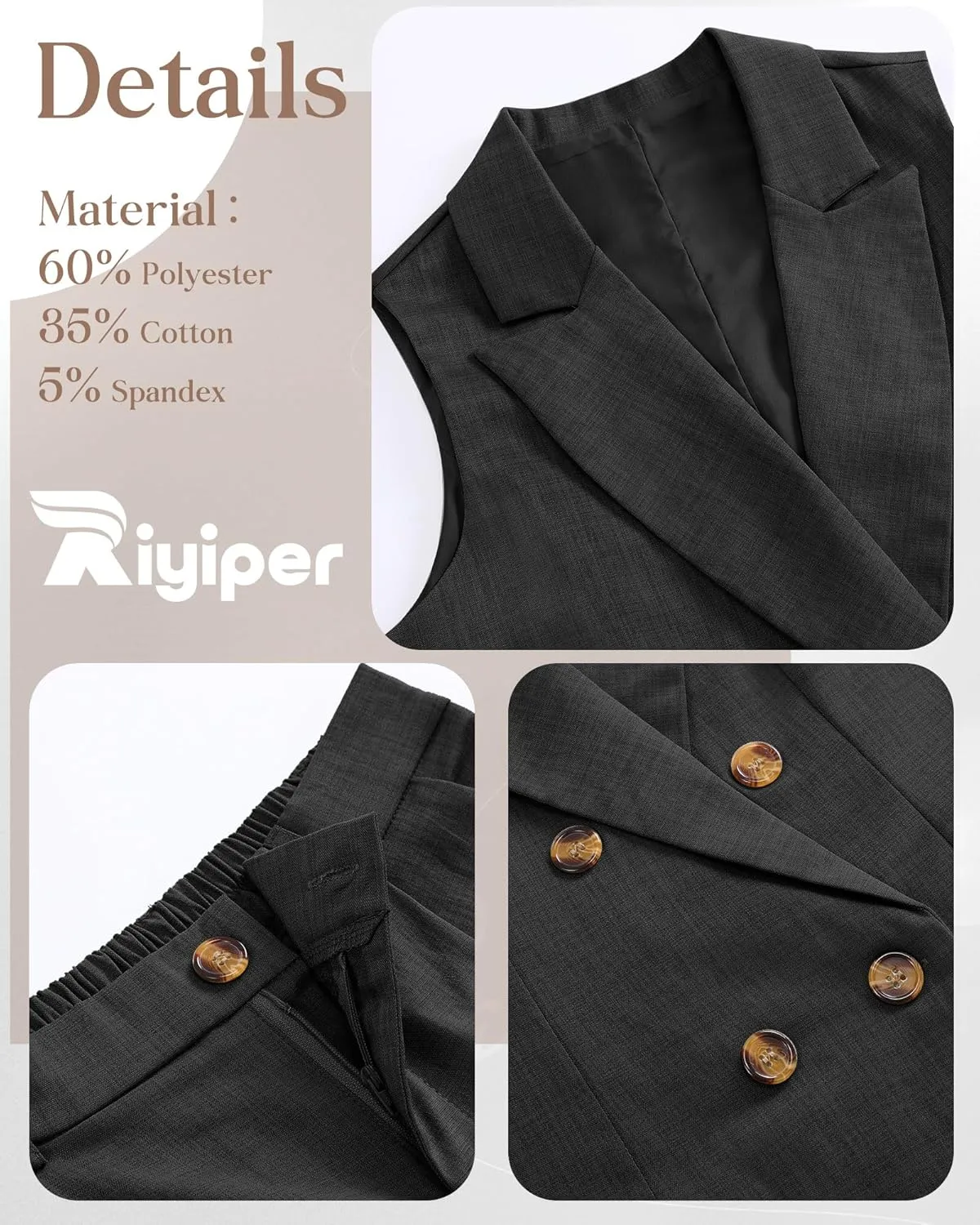 Riyiper Women Suits 2 Piece Sets Button Lapel V Neck Sleeveless Blazer Vest and Wide Leg Pants Suit Matching Outfits