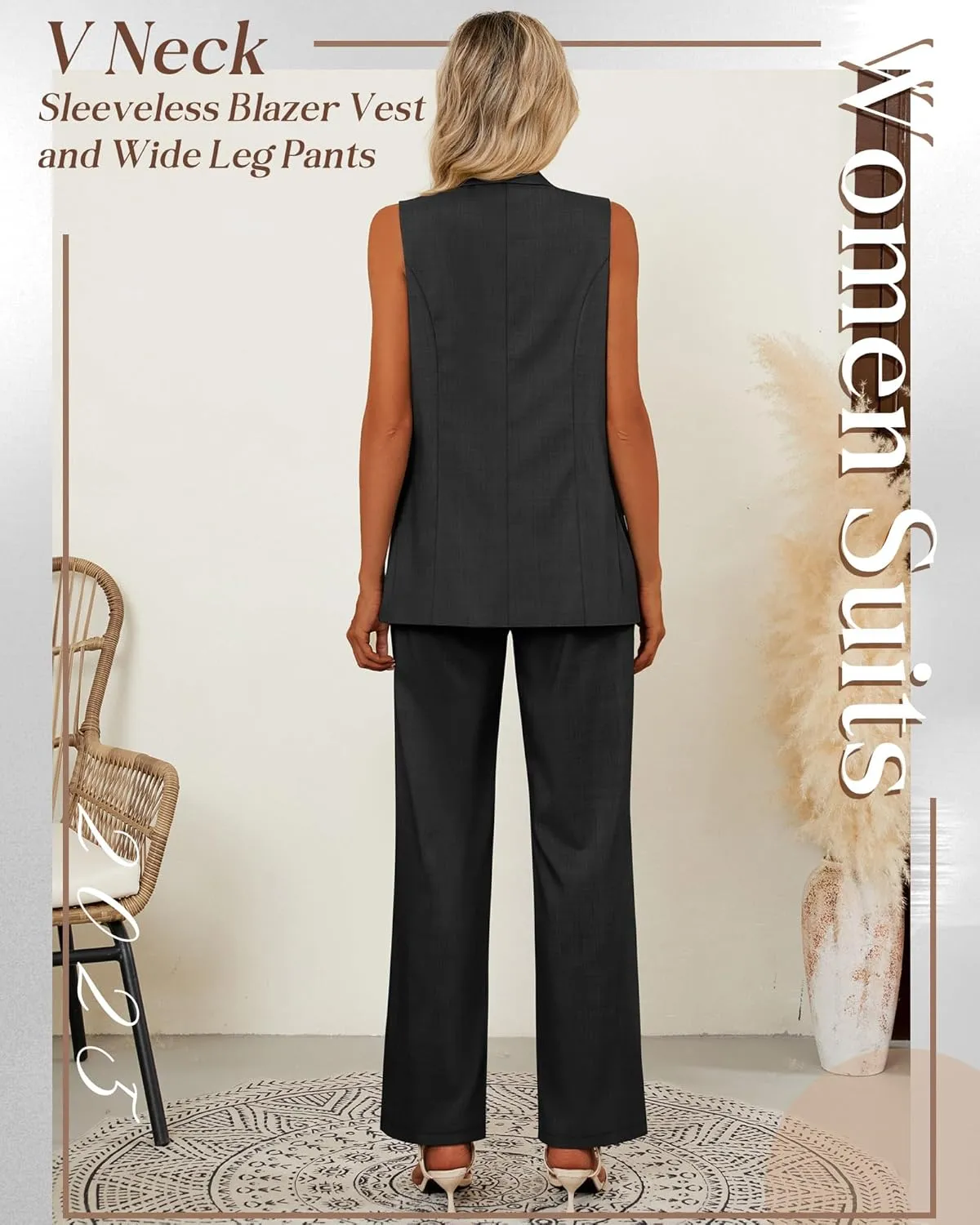 Riyiper Women Suits 2 Piece Sets Button Lapel V Neck Sleeveless Blazer Vest and Wide Leg Pants Suit Matching Outfits