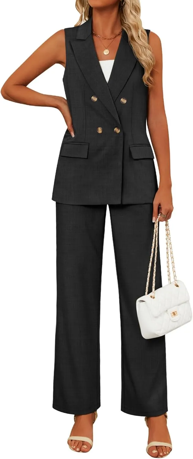 Riyiper Women Suits 2 Piece Sets Button Lapel V Neck Sleeveless Blazer Vest and Wide Leg Pants Suit Matching Outfits
