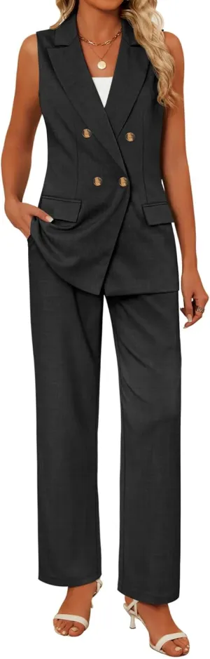 Riyiper Women Suits 2 Piece Sets Button Lapel V Neck Sleeveless Blazer Vest and Wide Leg Pants Suit Matching Outfits