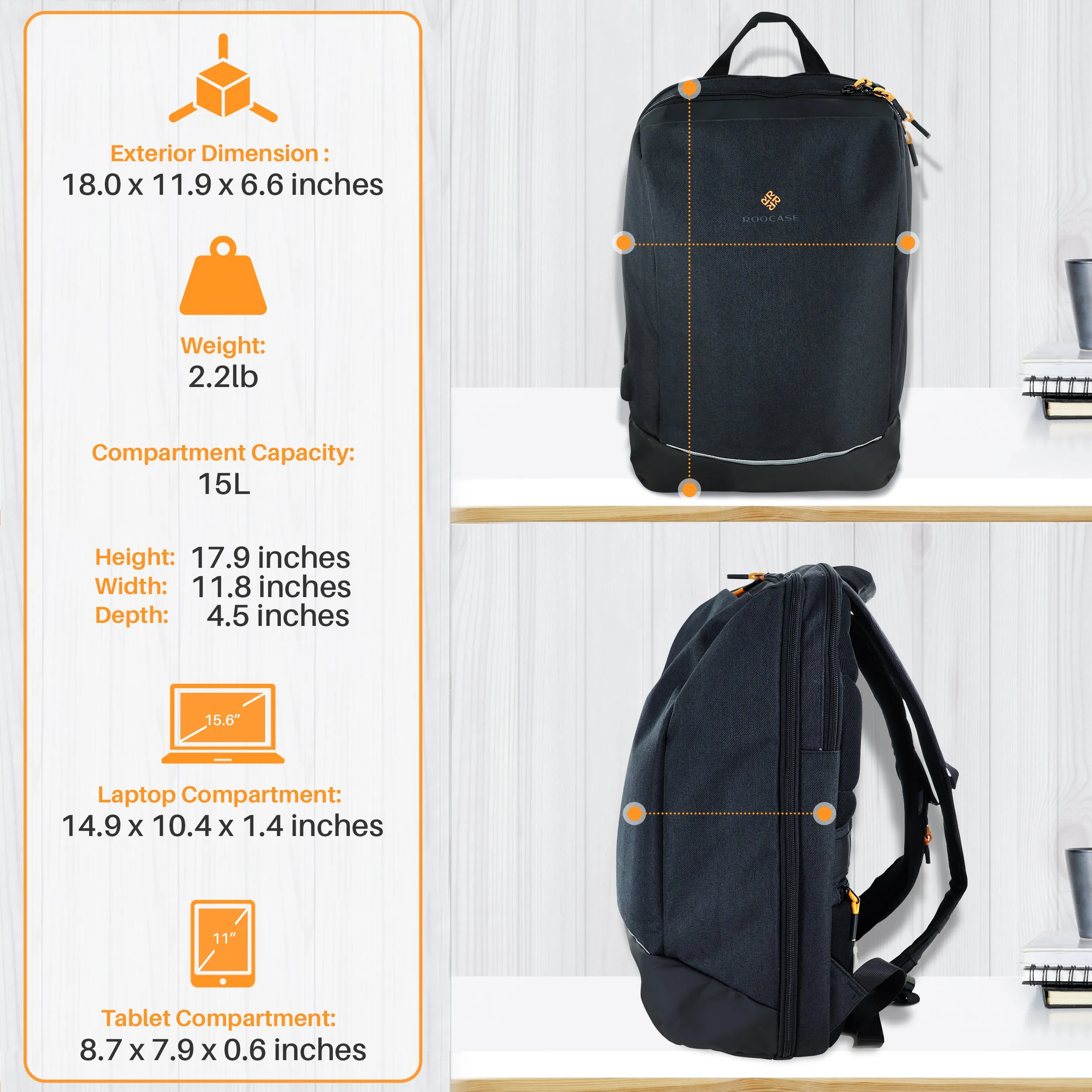 Roocase Balboa Backpack for 15.6 Laptop and Tablet - Daily Carrying Backpack - Black