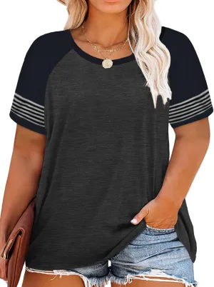 ROSRISS Plus-Size-Tops for Women Summer Short Sleeve Raglan Color Block Striped T-Shirts