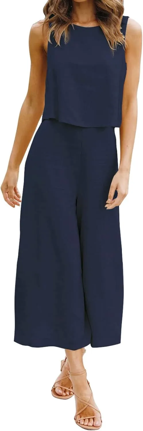 ROYLAMP Women's Summer 2 Piece Outfits Round Neck Crop Basic Top Cropped Wide Leg Pants Set Jumpsuits