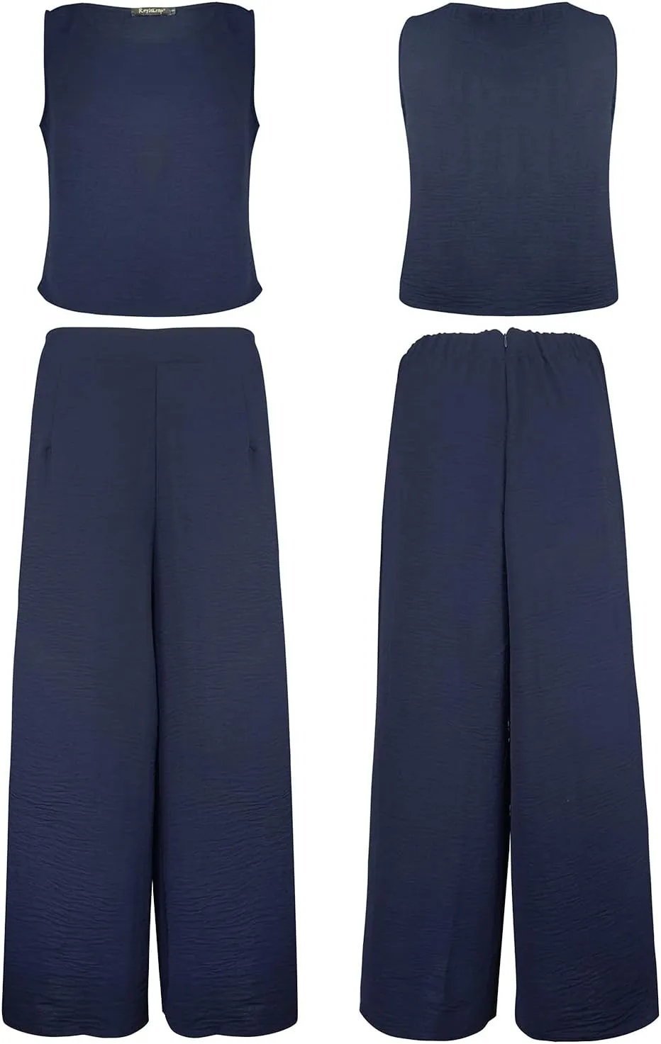ROYLAMP Women's Summer 2 Piece Outfits Round Neck Crop Basic Top Cropped Wide Leg Pants Set Jumpsuits