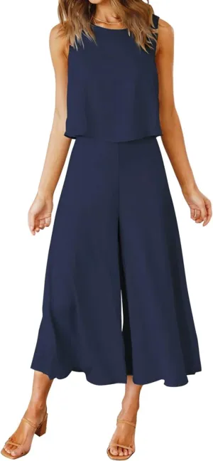 ROYLAMP Women's Summer 2 Piece Outfits Round Neck Crop Basic Top Cropped Wide Leg Pants Set Jumpsuits