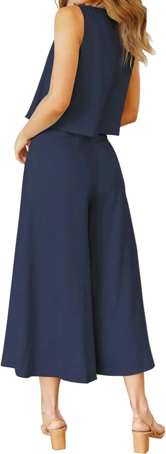 ROYLAMP Women's Summer 2 Piece Outfits Round Neck Crop Basic Top Cropped Wide Leg Pants Set Jumpsuits