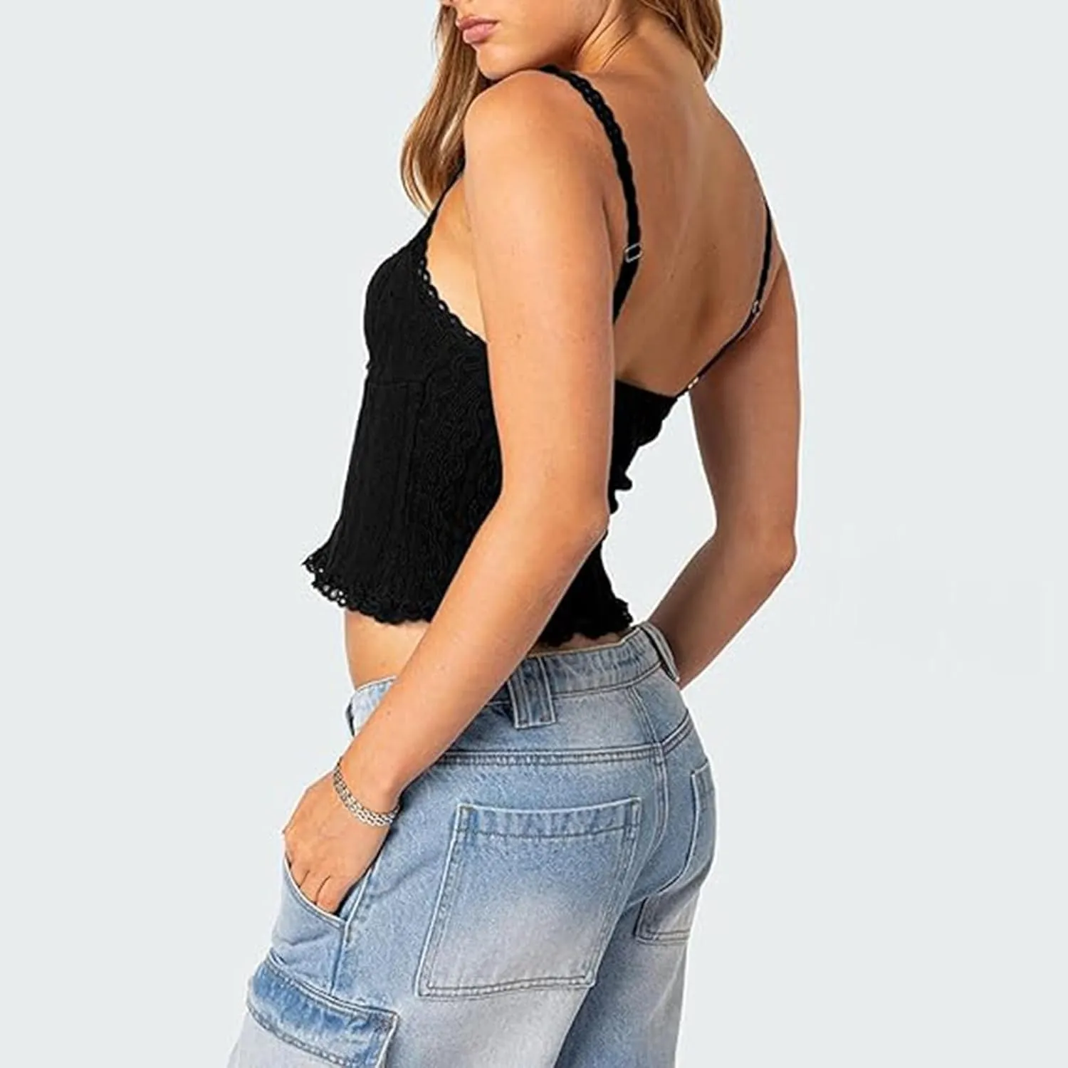 RUEWEY Women Lace Trim Camisole Spaghetti Strap Tank Tops Sleeveless Cami Shirt Summer Going Out Top