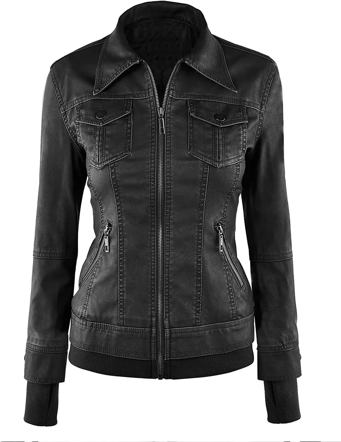 SAMS Classic Women Genuine Leather Jacket - Ladies Slim Fit Motorcycle Jacket Black