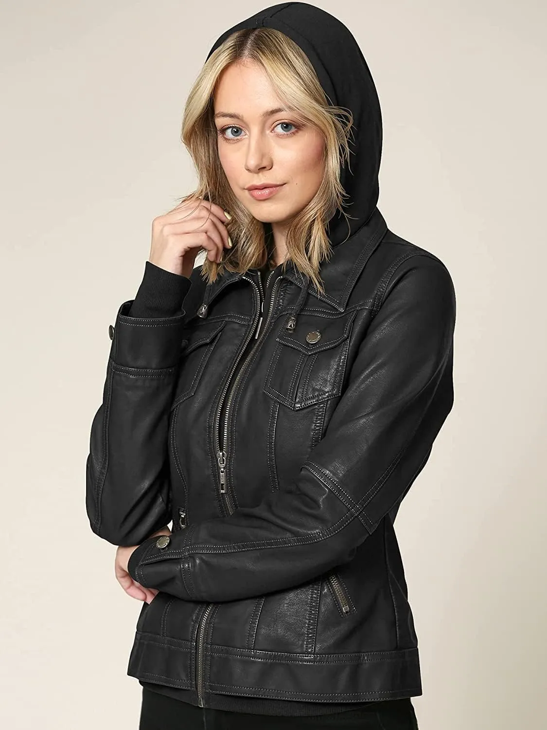SAMS Classic Women Genuine Leather Jacket - Ladies Slim Fit Motorcycle Jacket Black