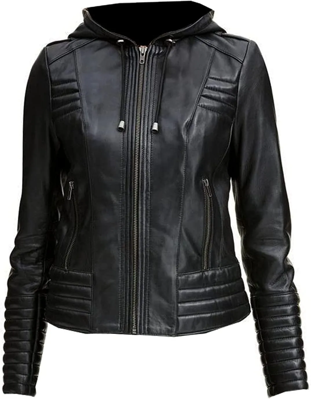 SAMS Classic Women Genuine Leather Jacket - Ladies Slim Fit Motorcycle Jacket Black
