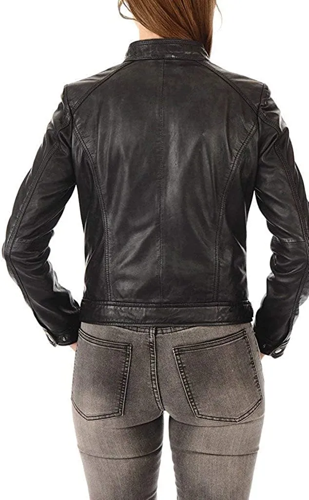 SAMS Classic Women Genuine Leather Jacket - Ladies Slim Fit Motorcycle Jacket Black