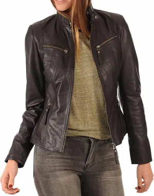 SAMS Classic Women Genuine Leather Jacket - Ladies Slim Fit Motorcycle Jacket Black