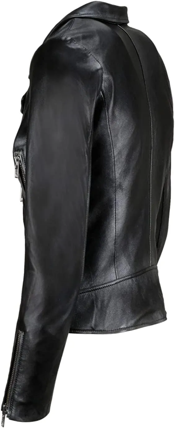 SAMS Classic Women Genuine Leather Jacket - Ladies Slim Fit Motorcycle Jacket Black