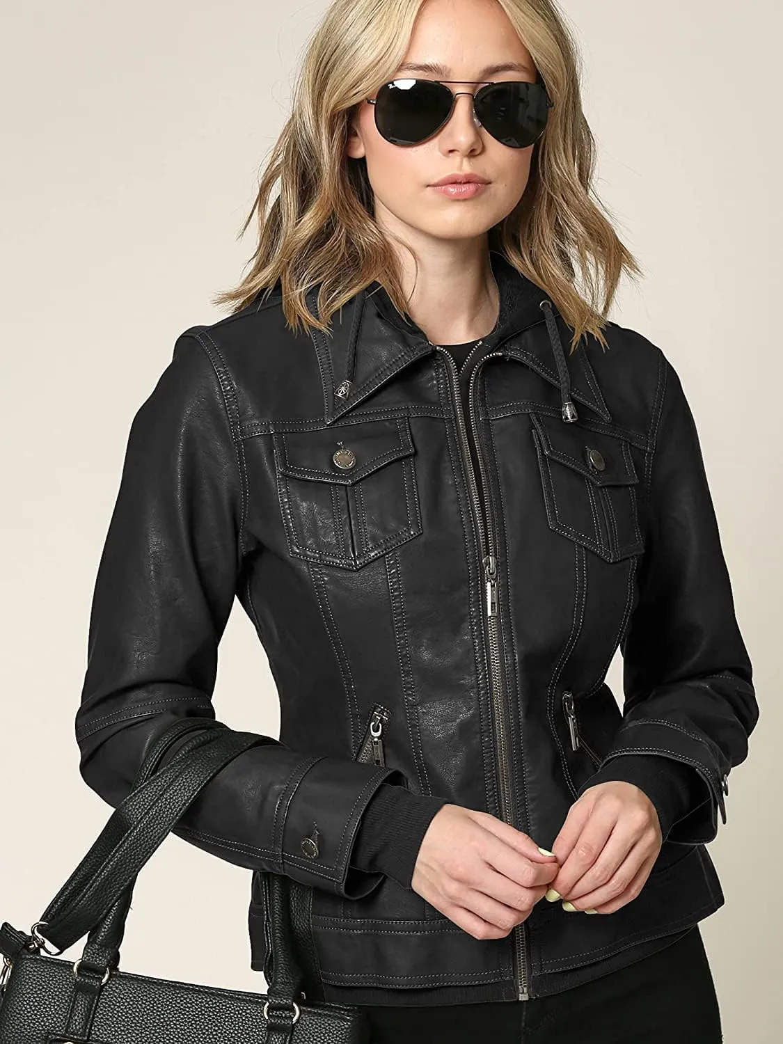 SAMS Classic Women Genuine Leather Jacket - Ladies Slim Fit Motorcycle Jacket Black