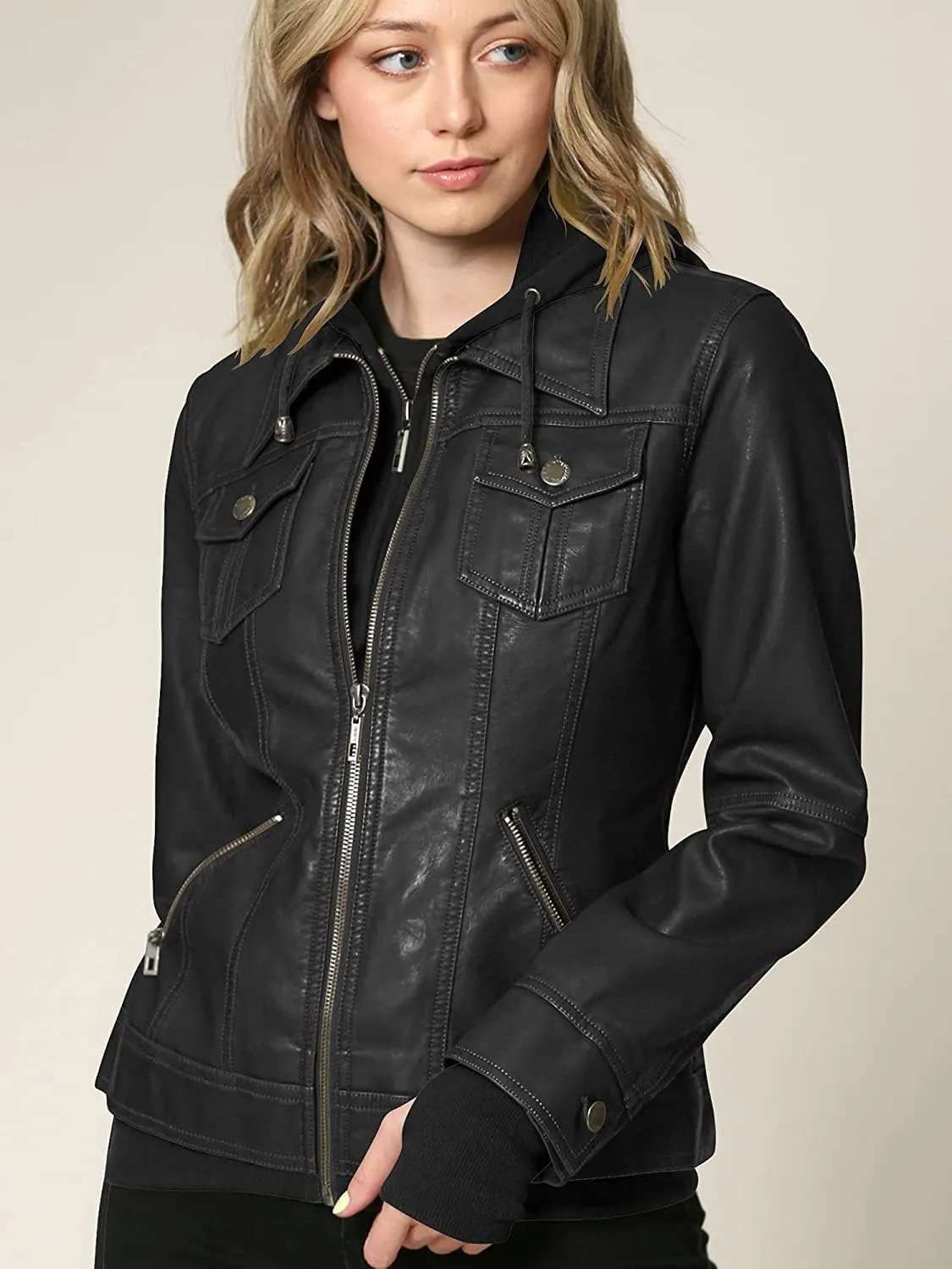 SAMS Classic Women Genuine Leather Jacket - Ladies Slim Fit Motorcycle Jacket Black