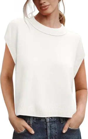 Saodimallsu Womens Cap Sleeve Sweater Vest Crew Neck Casual Loose Knit Summer Lightweight Pullover Tank Tops