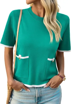 Saodimallsu Womens Short Sleeve Sweater Color Block Crew Neck Summer Crop Tops Loose Casual Knit Shirts with Pockets