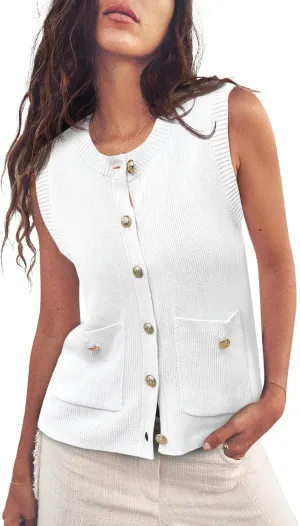 Saodimallsu Womens Summer Cropped Sweater Vest Sleeveless Button Ribbed Knit Crew Neck Cardigan Vests Top with Pockets