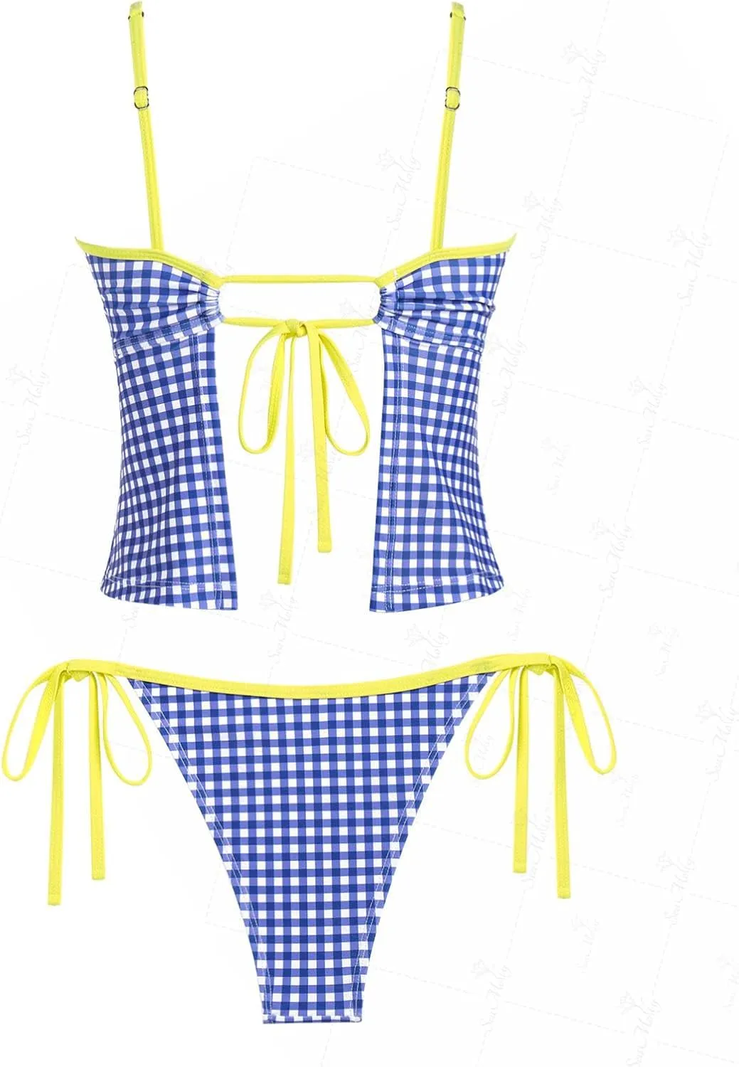 seamoly Gingham Cinched Back Bow Decor Tie Side Tankini Set