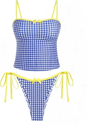 seamoly Gingham Cinched Back Bow Decor Tie Side Tankini Set