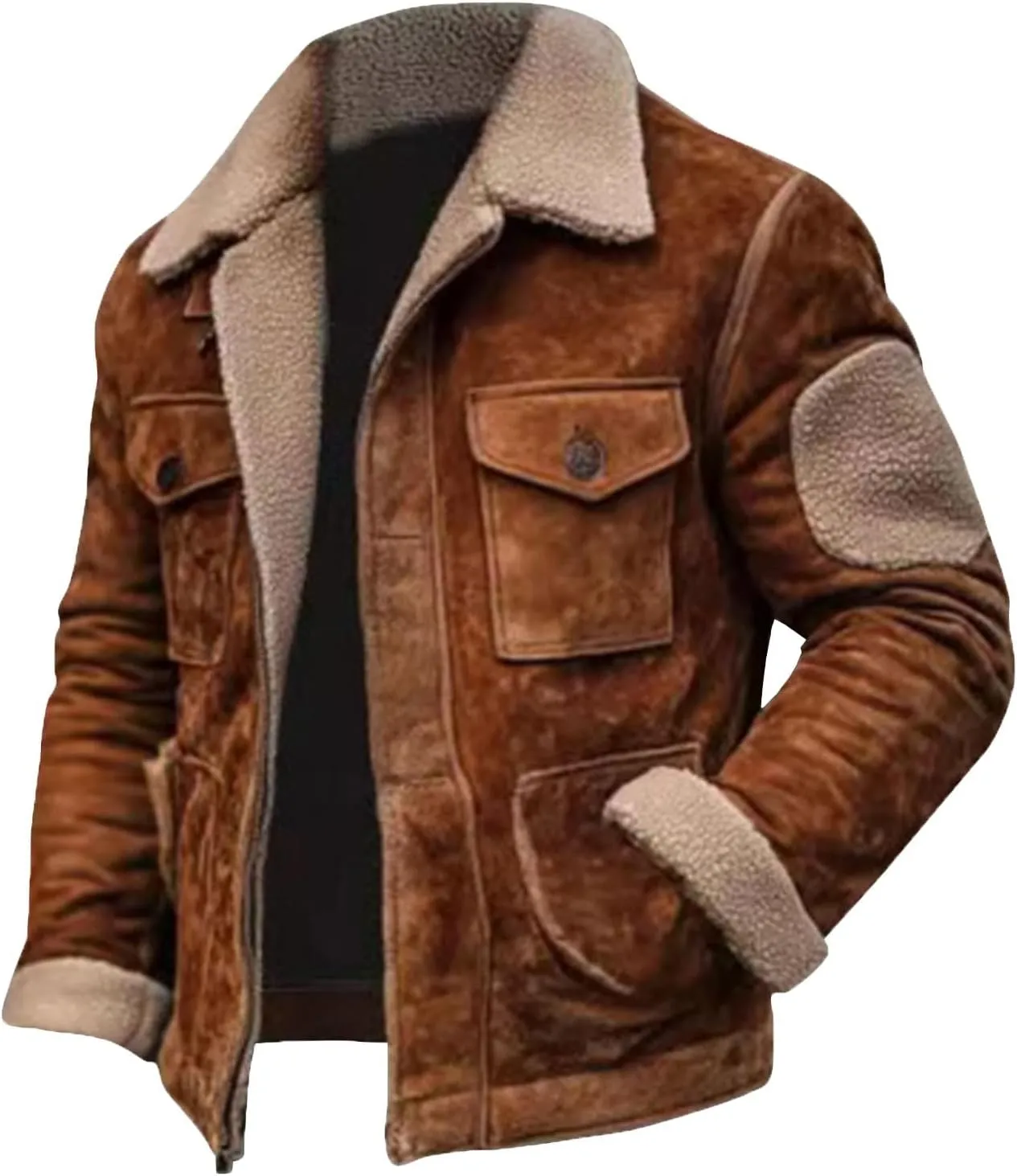 Sherpa Fleece Lined Leather Jacket for Men Vintage Suede Pocket Plush Lapel Collar Zip Outdoor Jackets Coat Retro Top