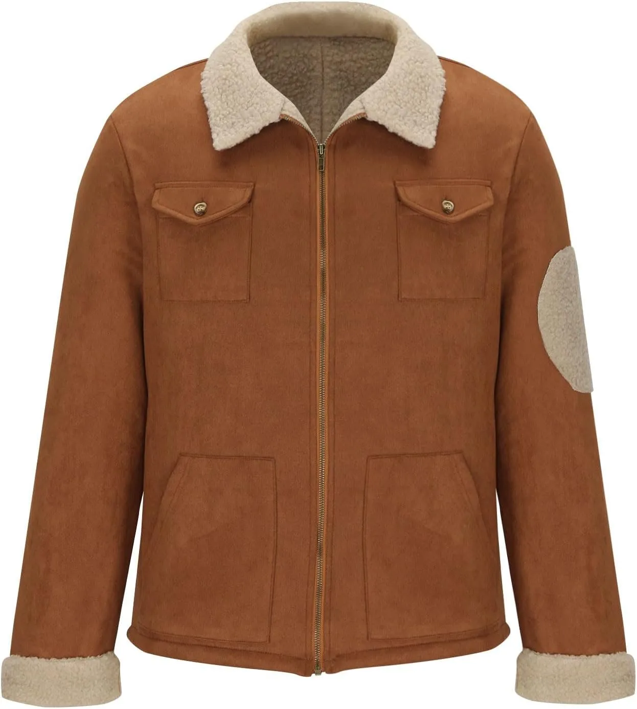 Sherpa Fleece Lined Leather Jacket for Men Vintage Suede Pocket Plush Lapel Collar Zip Outdoor Jackets Coat Retro Top
