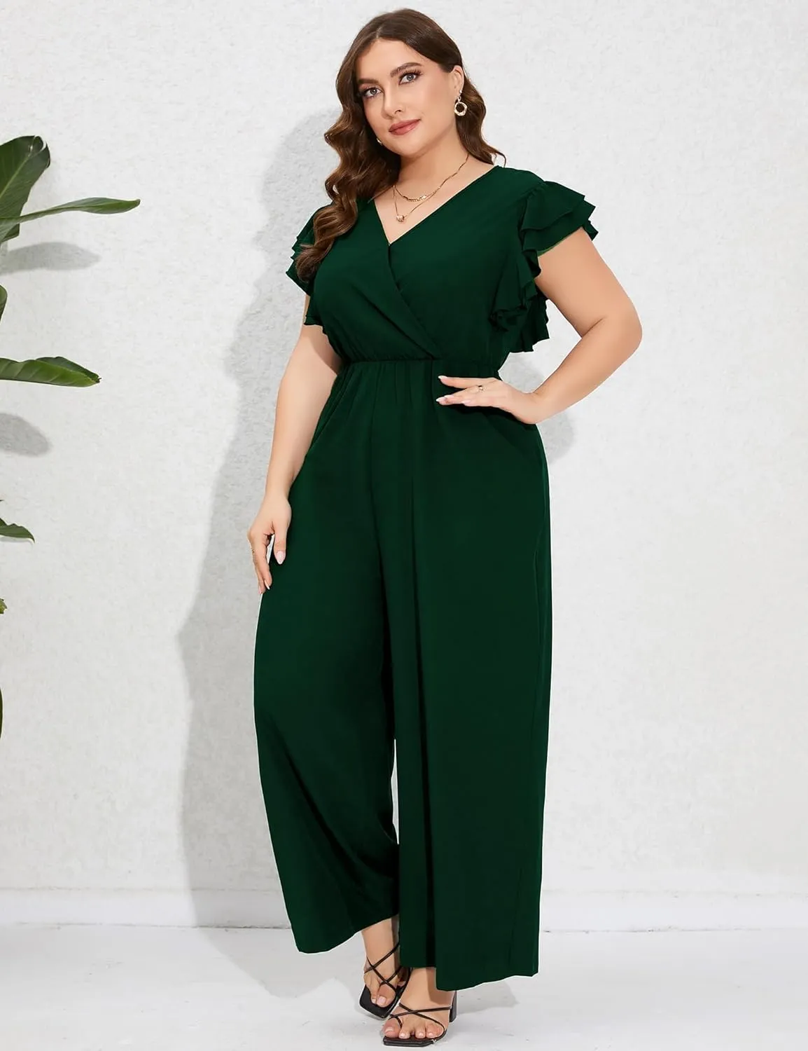 ShopWonder Women Plus Size Jumpsuit Wrap V Neck Ruffle Short Sleeves High Waist Wide Leg Romper Pants