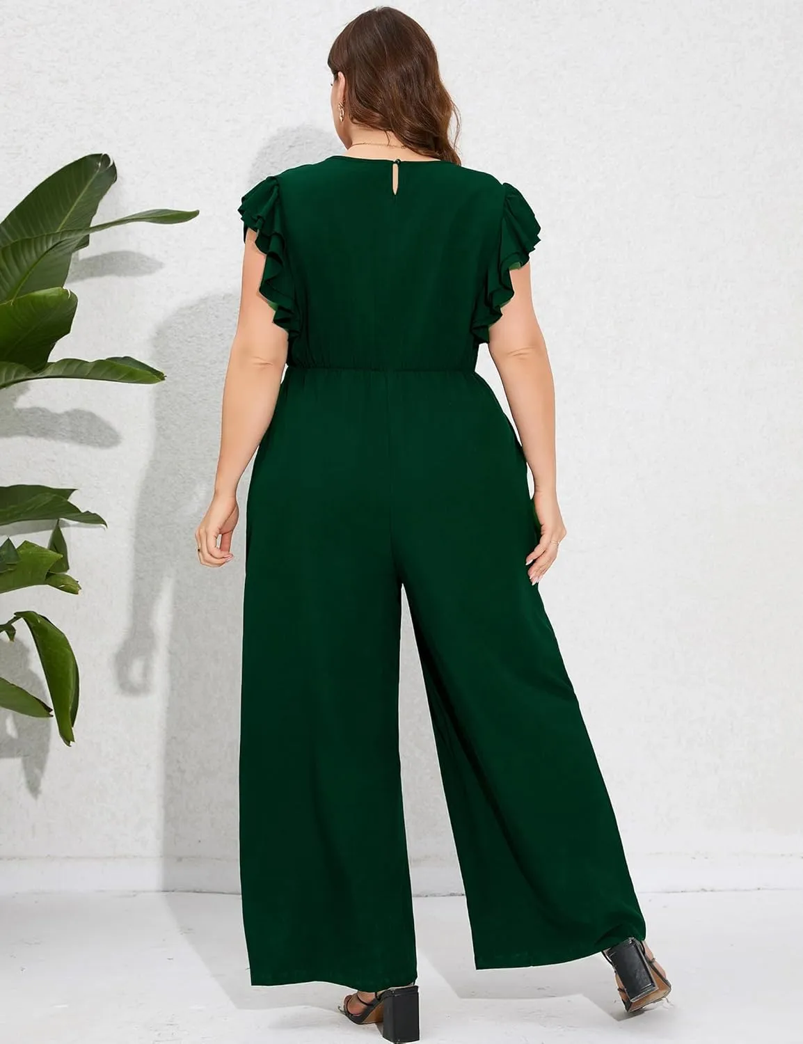 ShopWonder Women Plus Size Jumpsuit Wrap V Neck Ruffle Short Sleeves High Waist Wide Leg Romper Pants