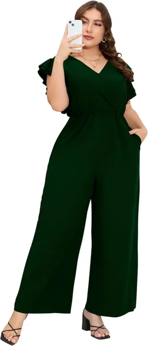 ShopWonder Women Plus Size Jumpsuit Wrap V Neck Ruffle Short Sleeves High Waist Wide Leg Romper Pants