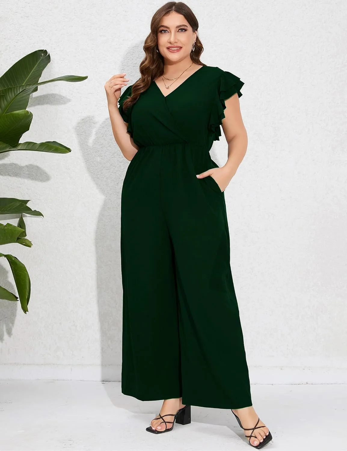 ShopWonder Women Plus Size Jumpsuit Wrap V Neck Ruffle Short Sleeves High Waist Wide Leg Romper Pants