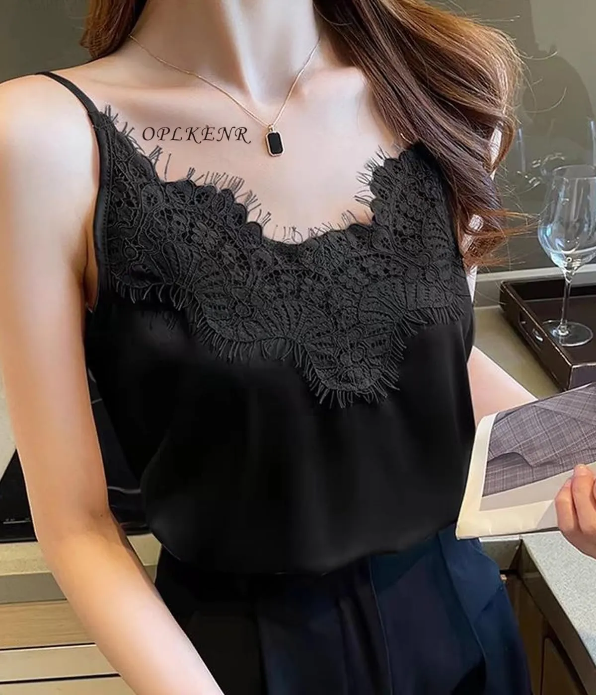 Silk Camisole Tops for Women, Sexy V-Neck Silk Satin Tank Tops Lace Trimmed Camisole