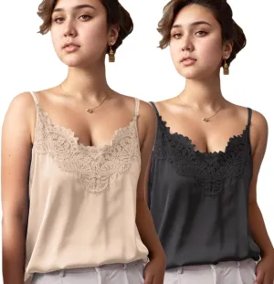 Silk Camisole Tops for Women, Sexy V-Neck Silk Satin Tank Tops Lace Trimmed Camisole