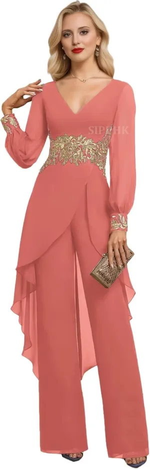 SIPUHK Plus Size Mother of The Groom Pantsuits for Wedding Coral Evening Dresses for Women Flowy Chiffon Jumpsuits with Sleeves US24W