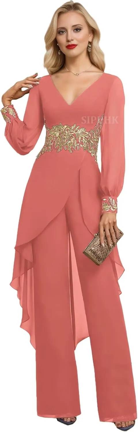 SIPUHK Plus Size Mother of The Groom Pantsuits for Wedding Coral Evening Dresses for Women Flowy Chiffon Jumpsuits with Sleeves US24W