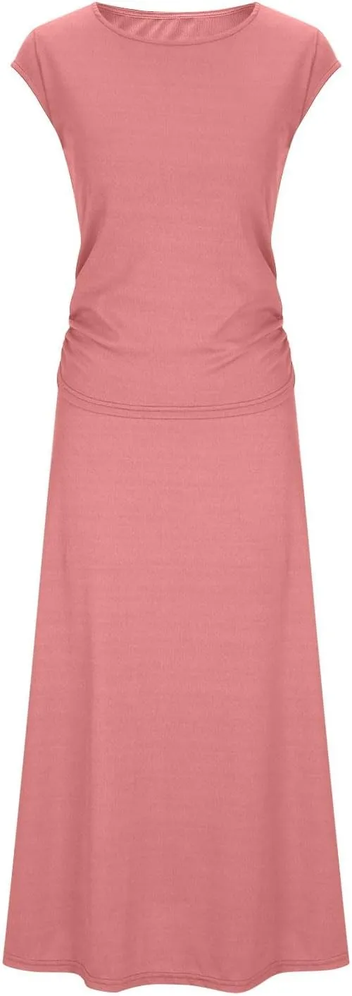 Skirt Set Women 2 Piece Outfits Dressy Casual Summer Ribbed Knit Short Sleeve Crop Top Elastic High Waist Midi Skirts