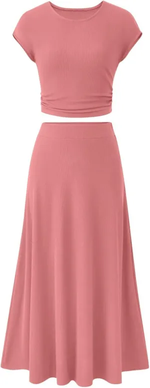 Skirt Set Women 2 Piece Outfits Dressy Casual Summer Ribbed Knit Short Sleeve Crop Top Elastic High Waist Midi Skirts