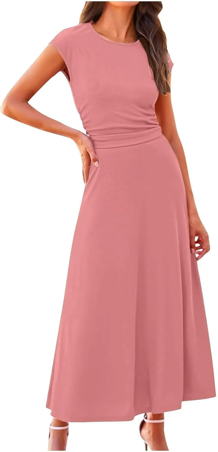 Skirt Set Women 2 Piece Outfits Dressy Casual Summer Ribbed Knit Short Sleeve Crop Top Elastic High Waist Midi Skirts
