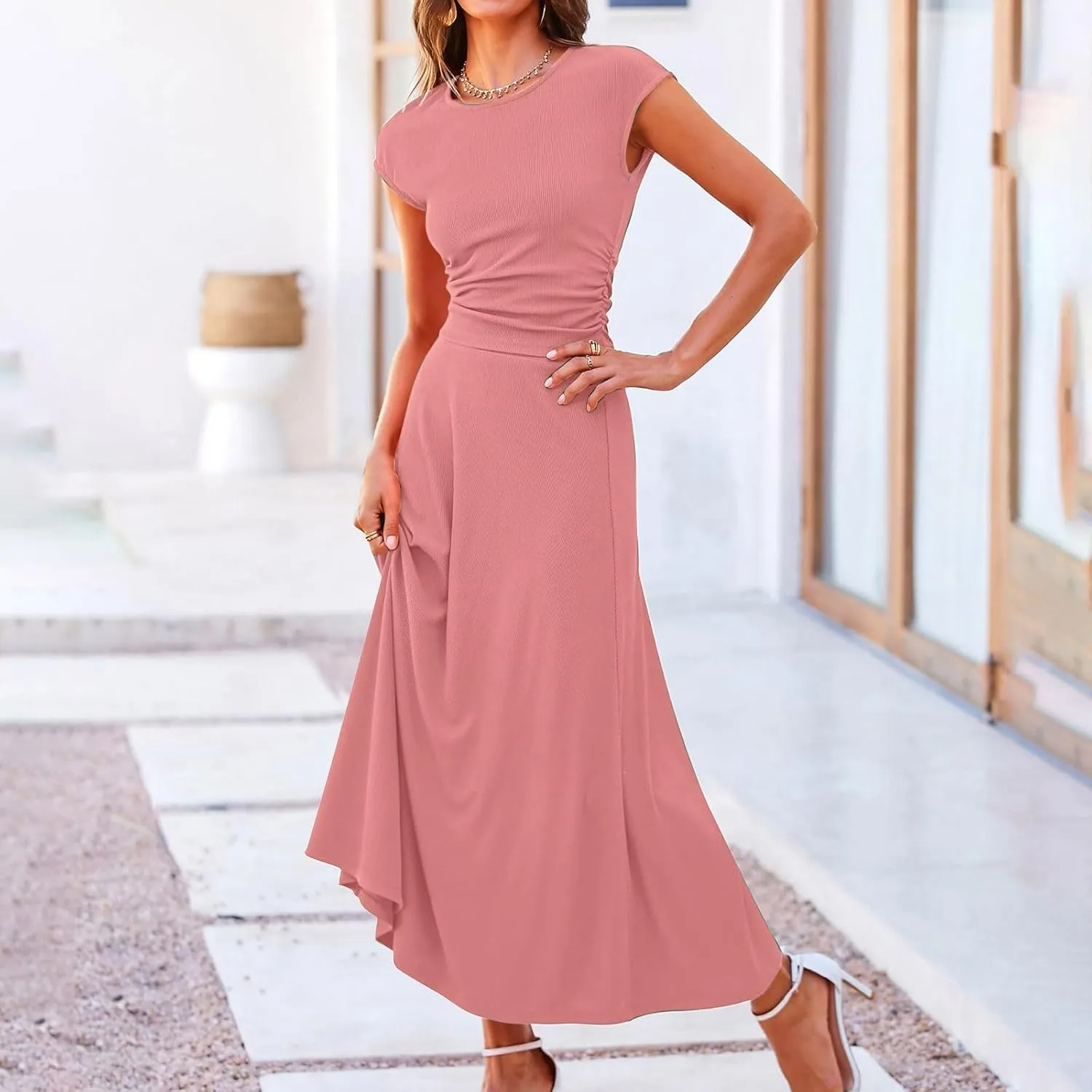 Skirt Set Women 2 Piece Outfits Dressy Casual Summer Ribbed Knit Short Sleeve Crop Top Elastic High Waist Midi Skirts
