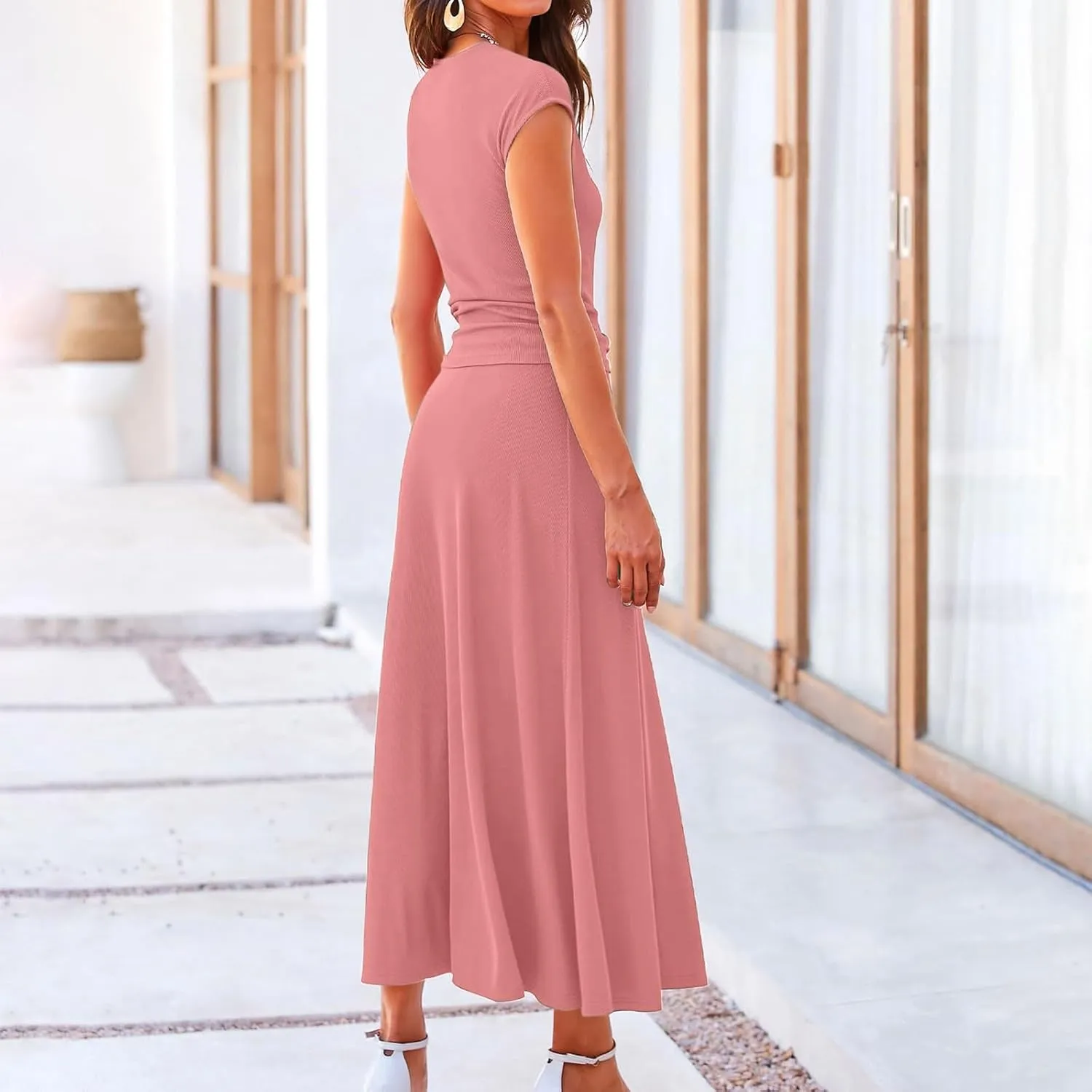 Skirt Set Women 2 Piece Outfits Dressy Casual Summer Ribbed Knit Short Sleeve Crop Top Elastic High Waist Midi Skirts
