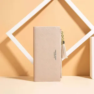Slim Wallet for Women Long Tassel Zipper Clutch Purse Handbag Card Case Wallet (Pink)