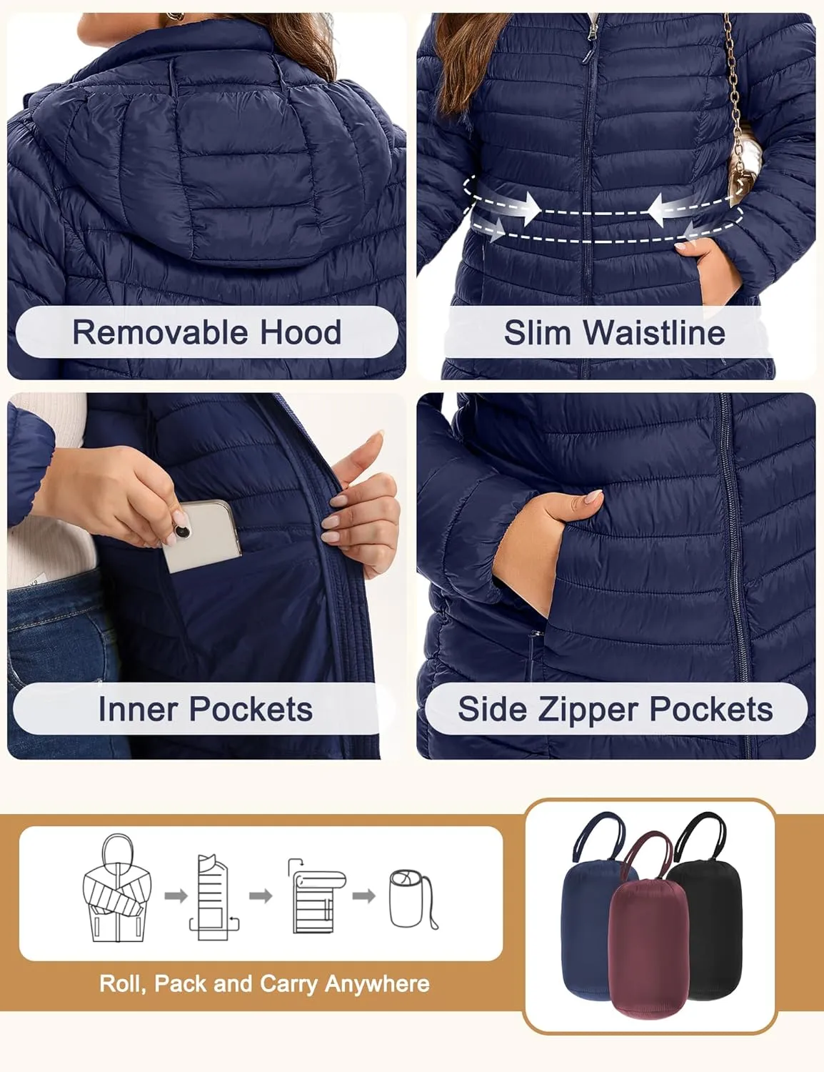 SLOW DOWN Womens Plus Size Lightweight Puffer Jacket, Womens Packable Winter Jacket, Womens Puffy Jacket with Detachable Hood